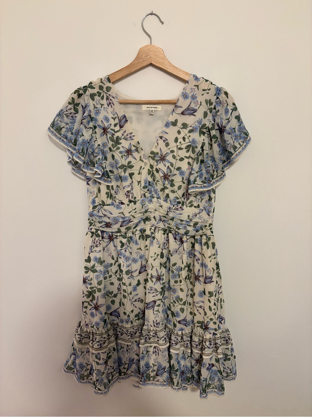 Max Studio Cream Floral V-Neck Ruffle Mini Dress with Blue and Green Accents